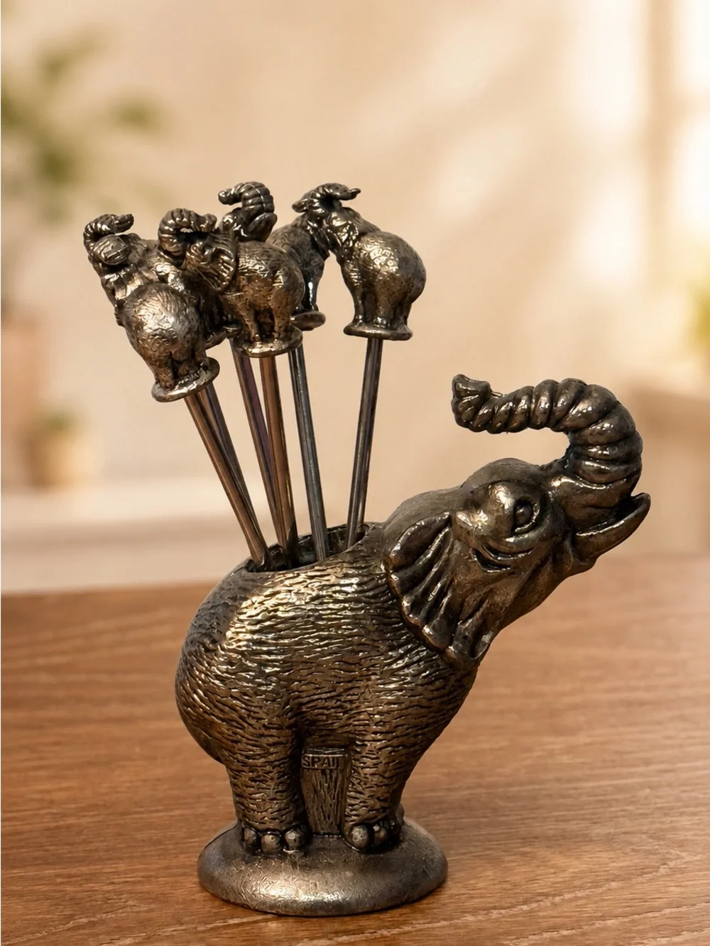 Antique Brass Elephant Olive Picks with Holder - Brown